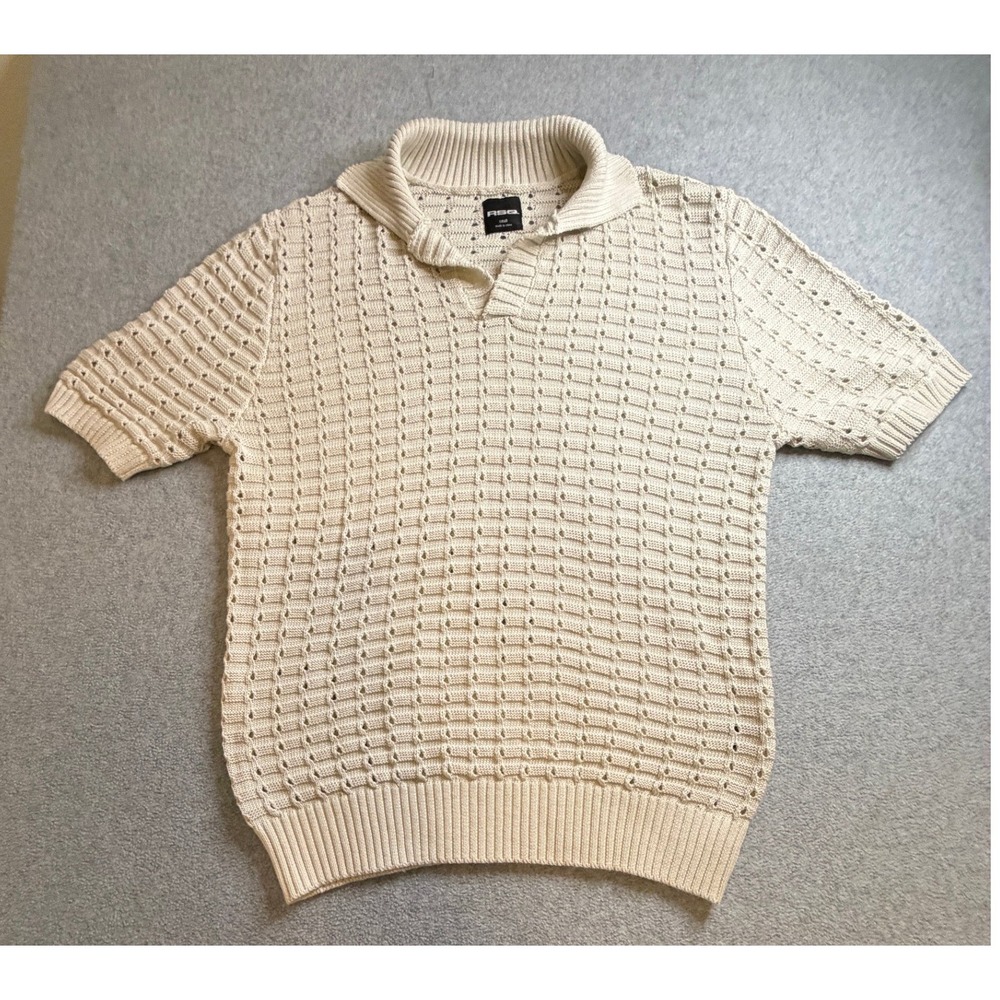 RSQ Mens Cream Knit Polo Shirt Short Sleeve Notch Neck Textured Sweater Small